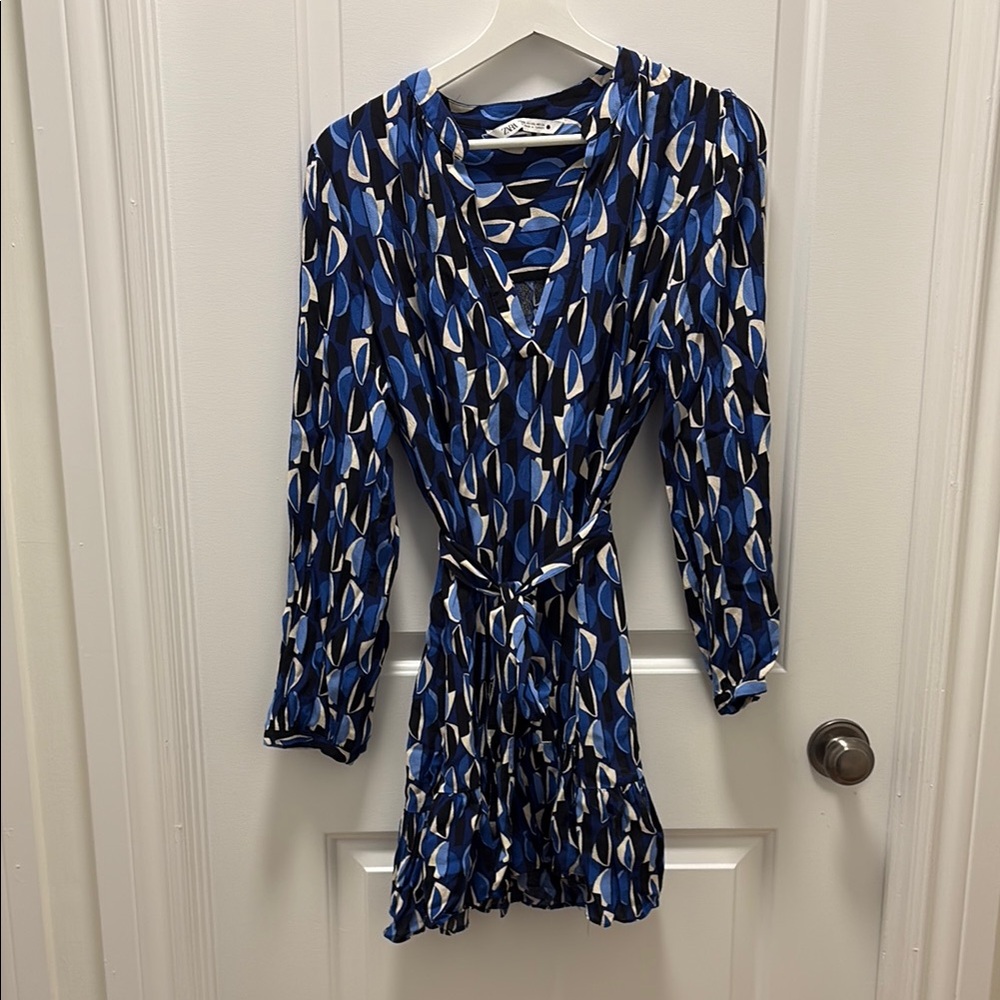 Blue Patterned Women's Belted Long Sleeve Mini Dress/ Resort Wear / Party